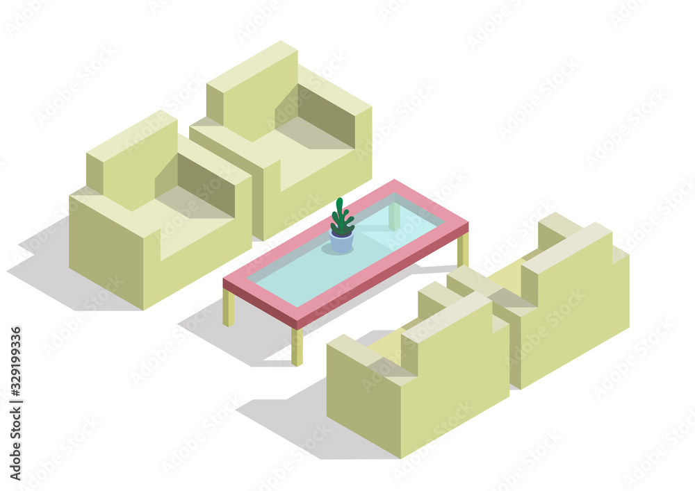 Isometric sofa and table isolated on white Isometric sofa and table isolated on white