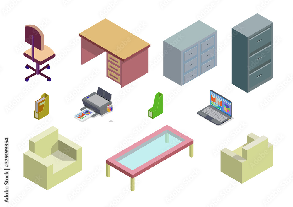 isometric set of element of office and home furniture