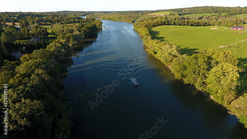 Aerial view of river with boat
