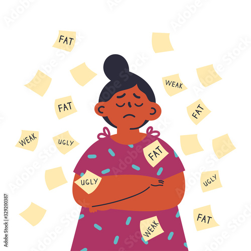 Bullying among teenagers.Sad girl with offensive inscriptions on stickers.Conflicts between kids,violence at school.Flat cartoon character isolated on white background.Colorful vector illustration.