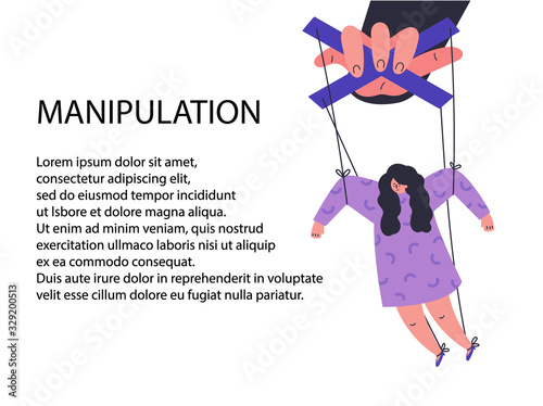 A man manipulates and abuses a woman.Manipulation male hand.Unhealthy toxic relationships.Template with text.Flat cartoon character isolated on white background.Vector colorful illustration.