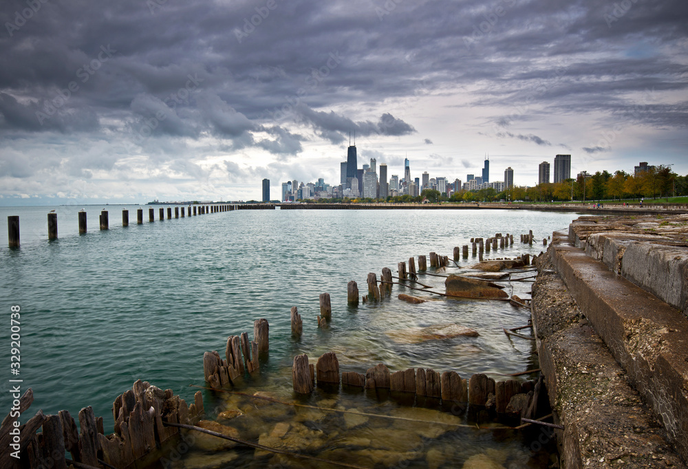 The view from the Fullerton Avenue sea wall as an ominous October sky moves over the Chicago skyline.