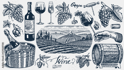 Vineyard and Wine Set. Sparkling champagne, bottle and glass Cheers, ice bucket, Corkscrew Cork Grapes, wooden barrel. Vine labels. Hand drawn Engraved vintage sketch for poster, restaurant menu.