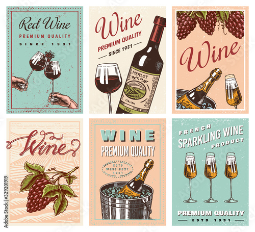 Wine posters or vineyard banners. Sparkling champagne background, Cheers toast and Grape. Hand Drawn engraved vintage old sketch for bar, alcohol label, restaurant menu.