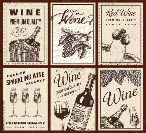 Wine posters or vineyard banners. Sparkling champagne background, Cheers toast and Grape. Hand Drawn engraved vintage sketch for bar, alcohol label, restaurant menu.