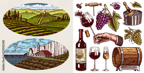 Vineyard and Wine Set. Sparkling champagne, bottle and glass Cheers, ice bucket, Corkscrew Cork Grapes, wooden barrel. Vine labels. Hand drawn Engraved vintage sketch for poster, restaurant menu.
