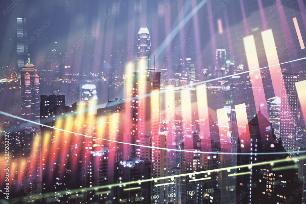 Double exposure of forex chart drawings over cityscape background. Concept of success. Double exposure of forex chart drawings over cityscape background. Concept of success.