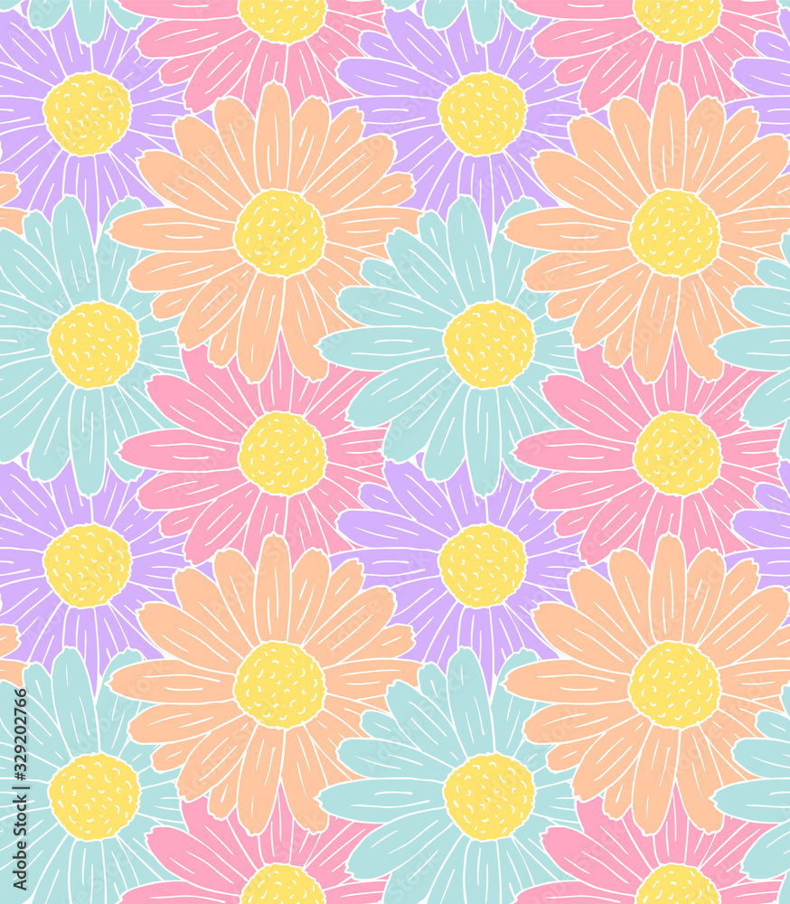Vector seamless pattern of hand drawn doodle sketch pastel colored daisy chamomile flower on background Vector seamless pattern of hand drawn doodle sketch pastel colored daisy chamomile flower on background