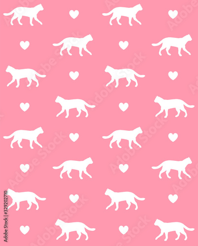 Vector seamless pattern of white cat silhouette and hearts isolated on pink background