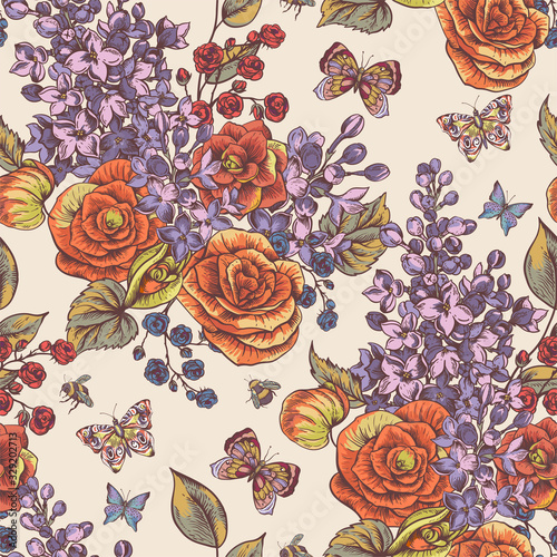 Vector vintage spring seamless pattern with blooming flowers of begonia, lilac