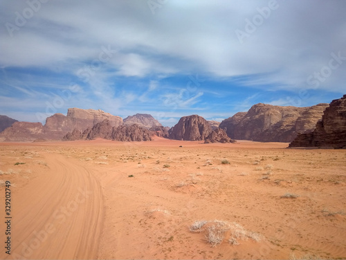 rock formations and desert landscape of Wadi Rum desert in southern Jordan. Popular tourist destination and place of Lawrence of Arabia