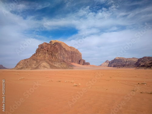 rock formations and desert landscape of Wadi Rum desert in southern Jordan.