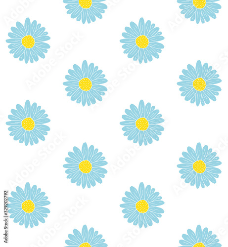 Vector seamless pattern of hand drawn doodle sketch blue daisy chamomile flower isolated on white background