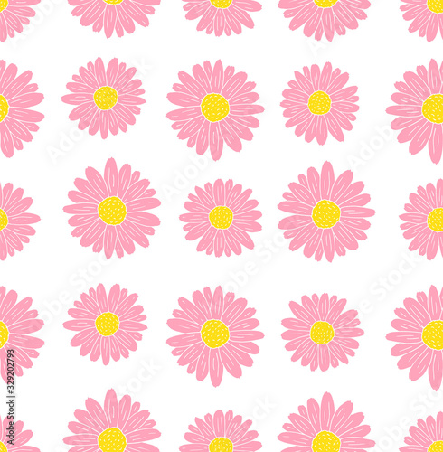 Vector seamless pattern of hand drawn doodle sketch pink daisy chamomile flower isolated on white background