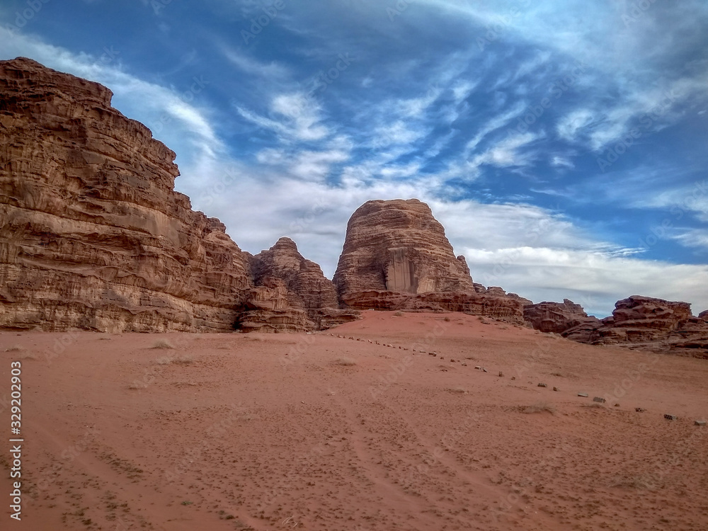 rock formations and desert landscape of Wadi Rum desert in southern Jordan. Popular tourist destination and place of Lawrence of Arabia rock formations and desert landscape of Wadi Rum desert in southern Jordan. Popular tourist destination and place of Lawrence of Arabia
