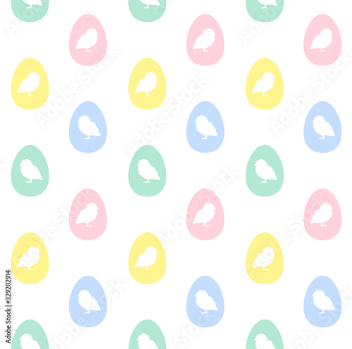 Vector seamless pattern of flat chick silhouette in pastel egg isolated on white background