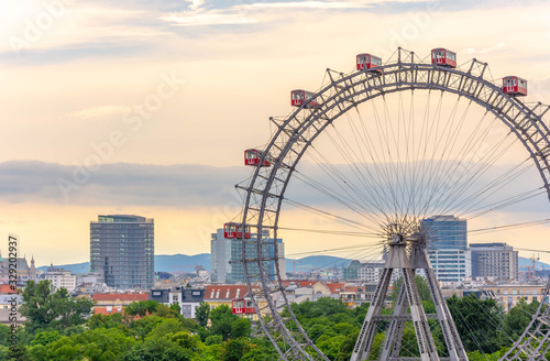 Beautiful view of evening Vienna with big ferris wheel	