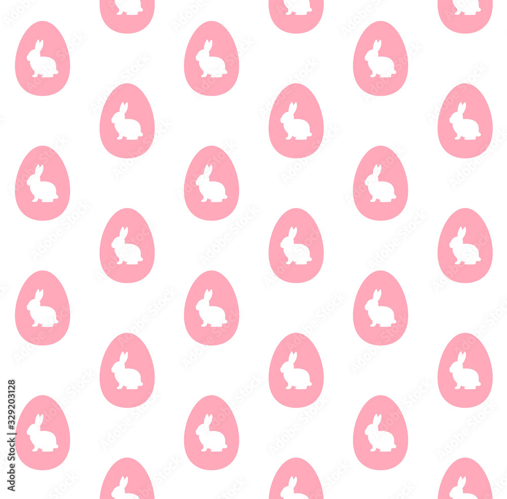 Vector seamless pattern of flat cartoon white bunny rabbit silhouette in pink egg isolated on white background