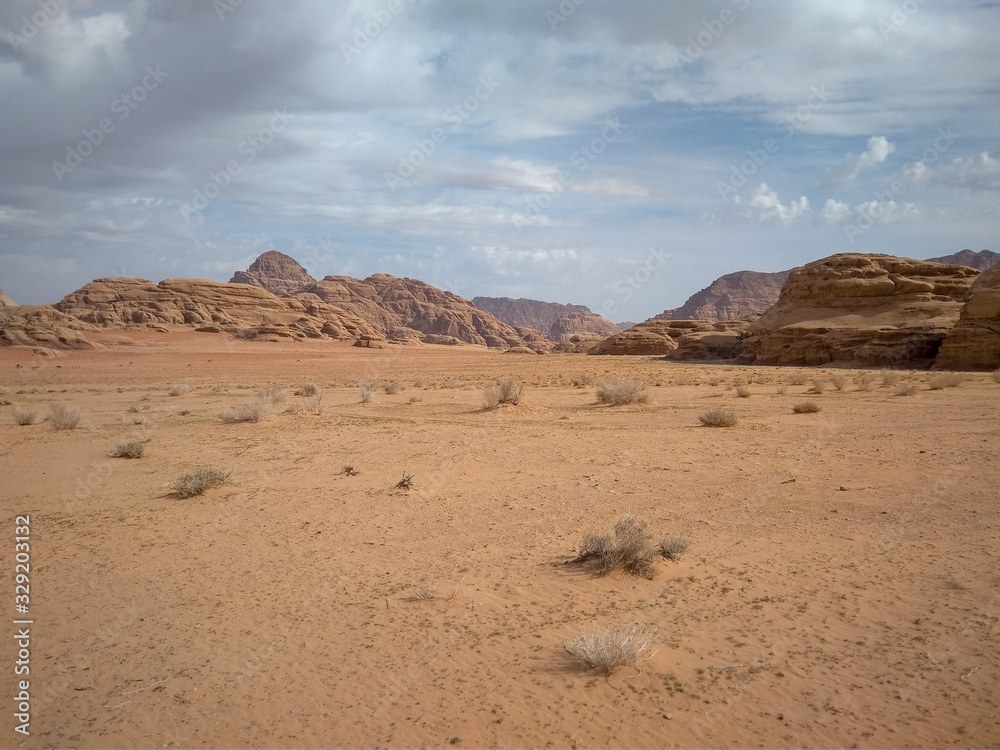 rock formations and desert landscape of Wadi Rum desert in southern Jordan. Popular tourist destination and place of Lawrence of Arabia