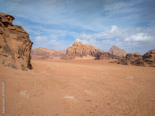 Rock formations and desert landscape of Wadi Rum desert in southern Jordan.