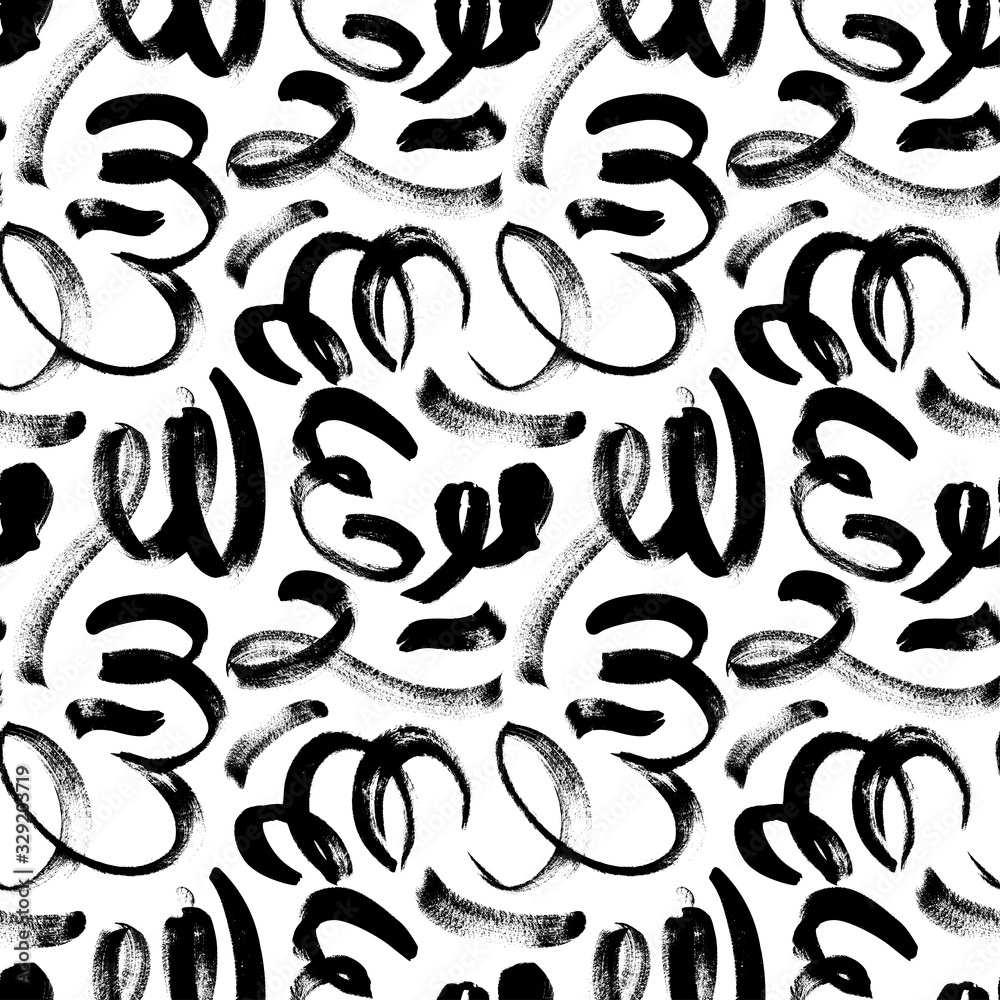 Black ink messy scribbles vector seamless pattern. Abstract curved lines with dry brush paint smudges texture.