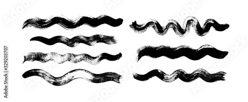 Black ink wavy lines vector illustrations set. Abstract shapes with dry brush strokes texture.