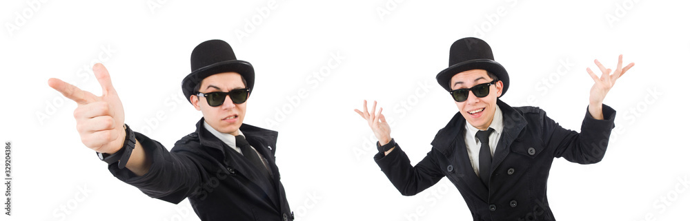 Young detective in black coat isolated on white Young detective in black coat isolated on white