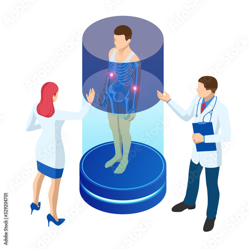 Isometric X-ray machine for scanning human body. Doctor checking examining chest x-ray film of patient. Roentgen of chest bone. Medical examination for surgery.