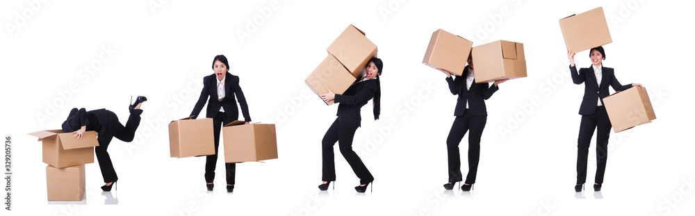 Woman with lots of boxes on white Woman with lots of boxes on white