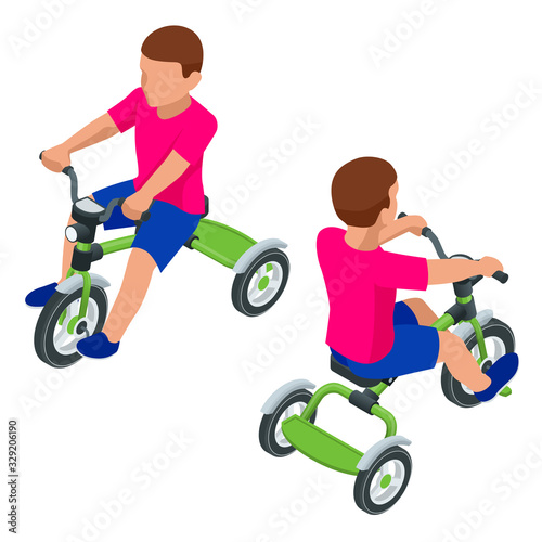 Isometric Children's tricycle isolated on white background. Baby balance bike.