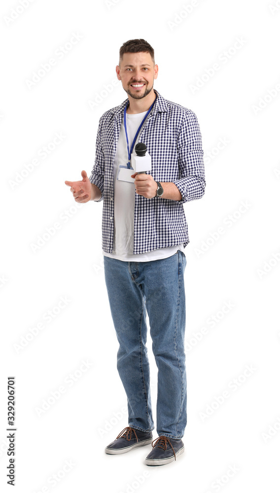Male journalist with microphone on white background - obrazy, fototapety, plakaty 