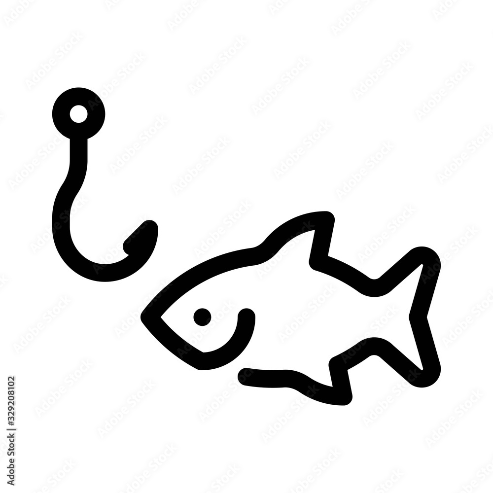 Fishing icon in line style. Hook and fish symbol illustration. Catching with bait, hunting, fish trap sign.