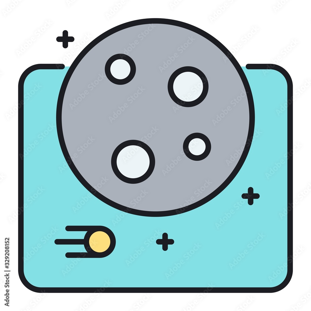 Fototapeta premium Planet with satellite icon in flat style. Cosmos, stars, space symbol. Galaxy, orbit sign.