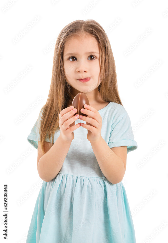 Cute little girl with sweet chocolate egg on white background Cute little girl with sweet chocolate egg on white background