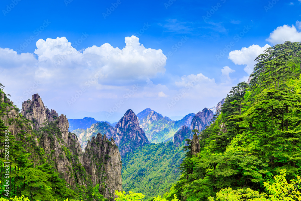 Beautiful Huangshan mountains natural landscape on a sunny day in China. Beautiful Huangshan mountains natural landscape on a sunny day in China.