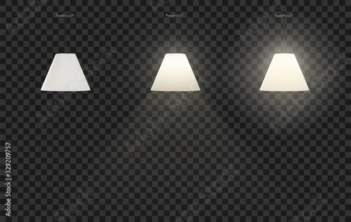 Ceiling lamps set. Vector flat illustration. Modern turned on and off hanging lamps with white lampshades.