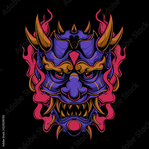 Purple oni mask with red flame vector illustration. Hanya mask design for t-shirt. sticker, or poster