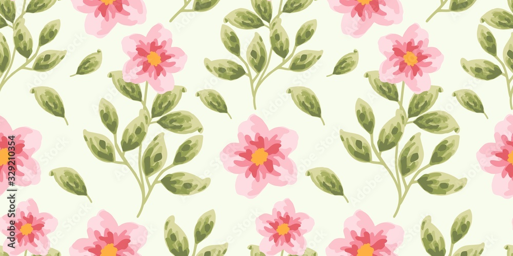 Obraz premium Seamless pattern with rose flowers and leaves. Hand drawn repeat background. floral pattern for wallpaper or fabric. Pink rosa canina botanic tile.