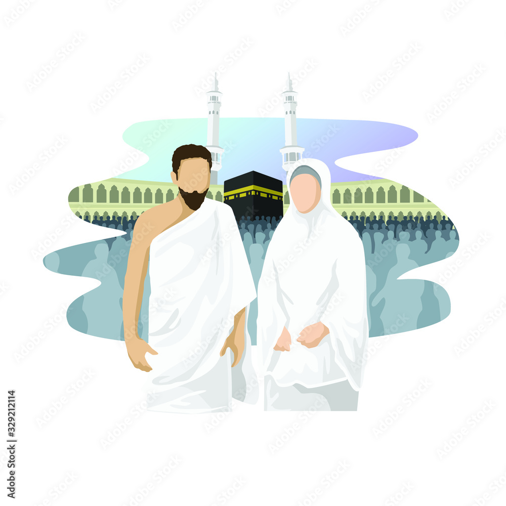 Φωτογραφία husband and wife to perform the pilgrimage or umrah in front of the city of Mecc