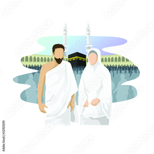 husband and wife to perform the pilgrimage or umrah in front of the city of Mecca with the Muslims in the pilgrimage season of Dhul-Hijjah photo