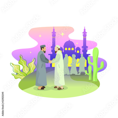 fellow Muslims meet then shake hands and say Assalamualaikum in the courtyard of the mosque after shalat