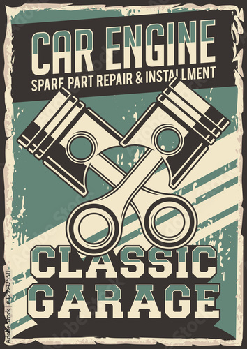 Auto Service Car engine piston machine spare part Service Repair Installment Signage Poster Retro Rustic Vector