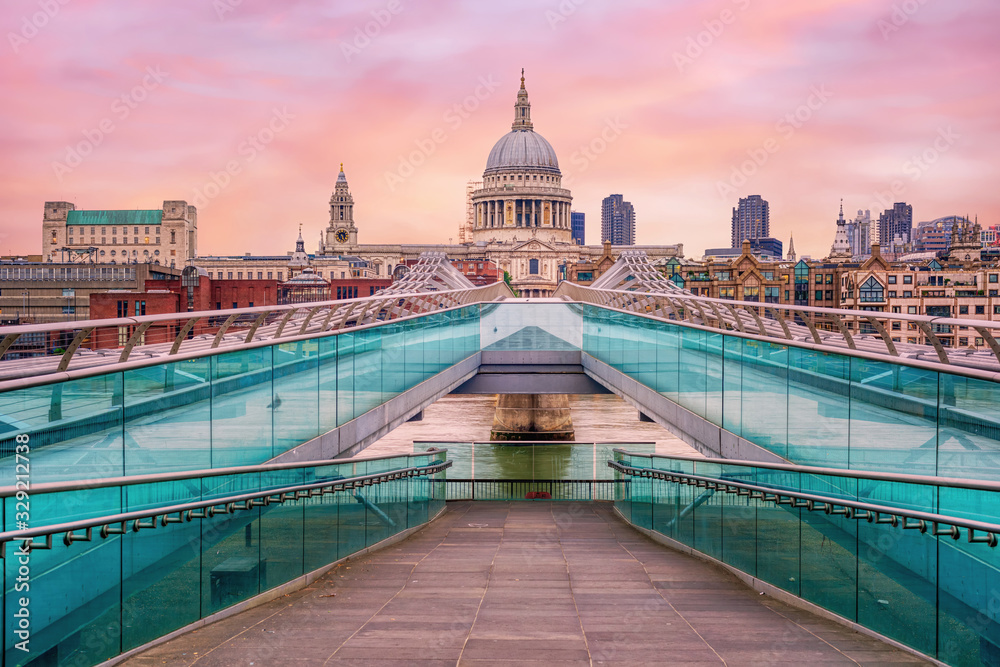 Millenium bridge and St Pauls Cathedral in London, England, UK