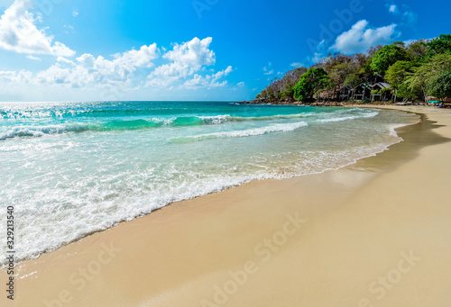 View of sea waves on sand beach water and coast seascape - Beautiful tropical landscape beach sea island with ocean blue sky and resort background in Thailand summer beach vacation © Bigc Studio