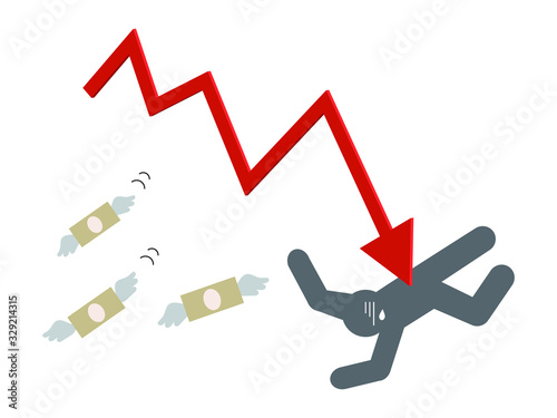 down arrow and money flying away