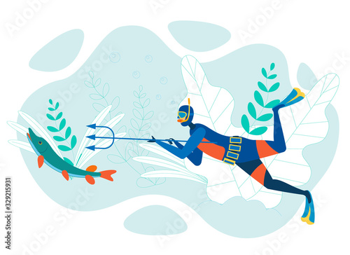 Underwater Fishing Cartoon Vector Illustration. Fisherman Catching Fish with Trident. Diver Wearing Wet Suit, Mask with Snorkel and Holding Weapon Flat Character. Hunting, Scuba Diving Water Sport