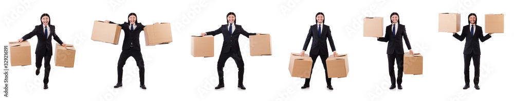 Funny man with boxes on white Funny man with boxes on white