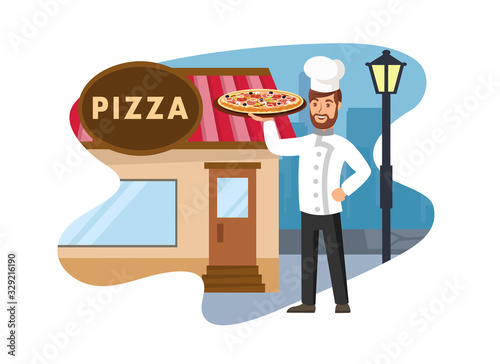 Pizzeria Cartoon, Isolated on White Background. Happy Cook in Hat and Coat Isolated Cartoon Character. Smiling Chef Holding Pizza. Italian Food Restaurant. Culinary Classes Design Element