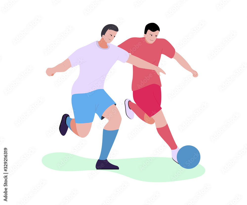 Two Cartoon Football Players in Uniform from Different Teams Running with Ball on Field. Soccer Duel Gameplay and Competition. Summer Sport and Championship. Vector Flat Isolated Illustration