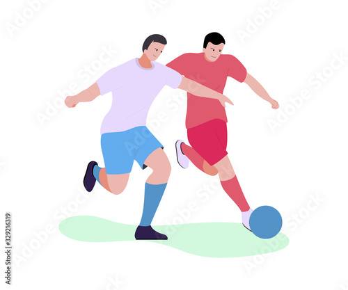 Two Cartoon Football Players in Uniform from Different Teams Running with Ball on Field. Soccer Duel Gameplay and Competition. Summer Sport and Championship. Vector Flat Isolated Illustration © Mykola